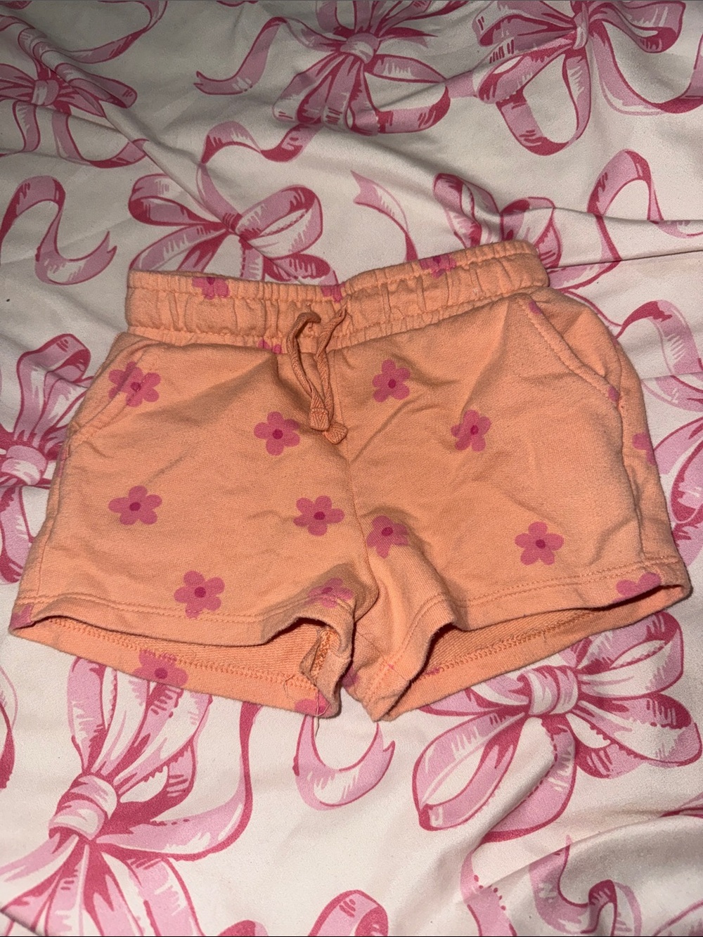 Girls Peach Floral Drawstring Shorts